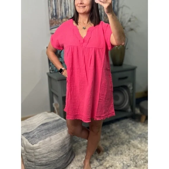 Gauze V Neck A Line Rolled Short Sleeve Pockets Cotton Raw Edge Dress Pink 0223 - Picture 4 of 6